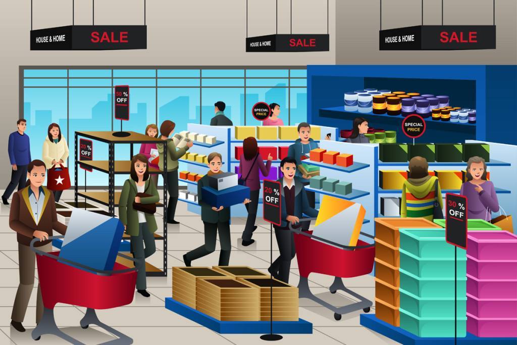 A vector illustration of people shopping on black friday in a store