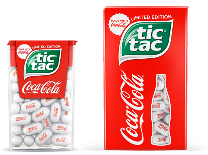 Los packs de edición limitada de Tic-Tac y Coca-Cola de 18gr y 49gr, respectivamente.