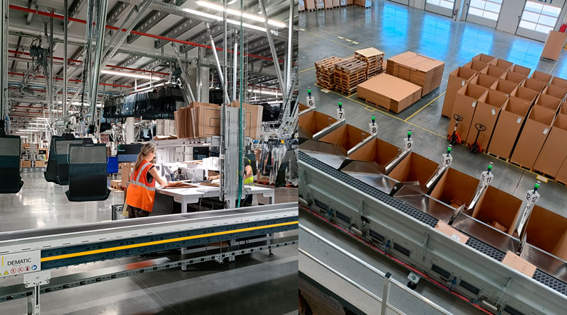 (Izq.) Fase de empaquetado y (der.) zona de shipping sorter